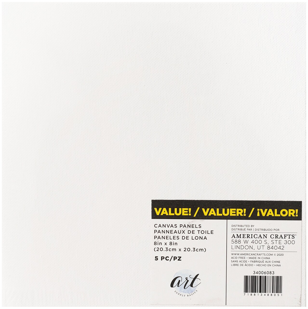 American Crafts Art Supply Basics Panel Pack Canvas 5/Pkg-8"X8"